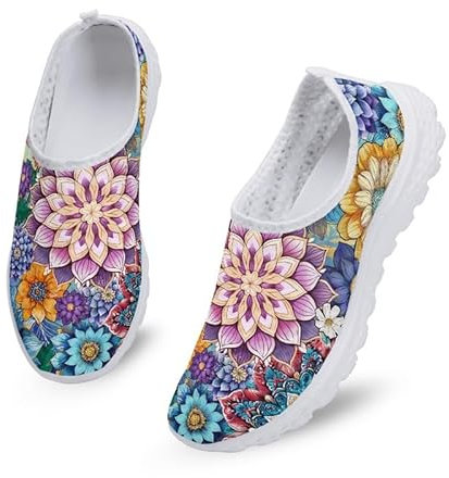 Kuiaobaty Zapatillas planas de malla para mujer, para enfermera, flor, cerdo, calavera, bohemio, a rayas, osos, transpirables, para caminar, deportivas, ligeras, casuales, Flores de dalia brillantes,