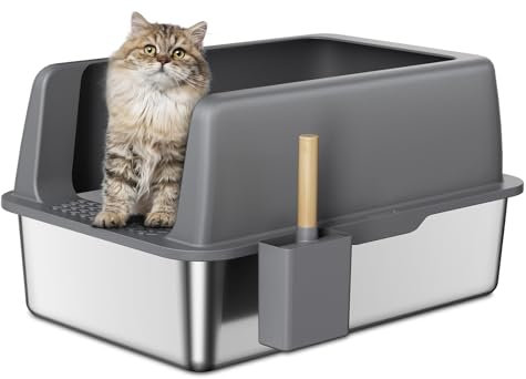 BUG HULL Stainless Steel Cat Litter Tray with Lid, 60 L x 40 W x 30 H CM Extra Large Cat Litter Box, Metal Litter Tray Litter Box for Big Cats with High Side (Non-Sticky, Anti-Urine Leakage)