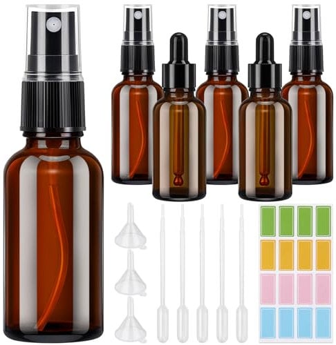 Farnirvana Flacon Spray en Verre, 6 Pièces 30ml Rechargeable Vaporisateur Vide avec Entonnoir et Goutteurs, Bouteille Spray pour Huiles Essentielles, Aromathérapie, Parfums et Voyage
