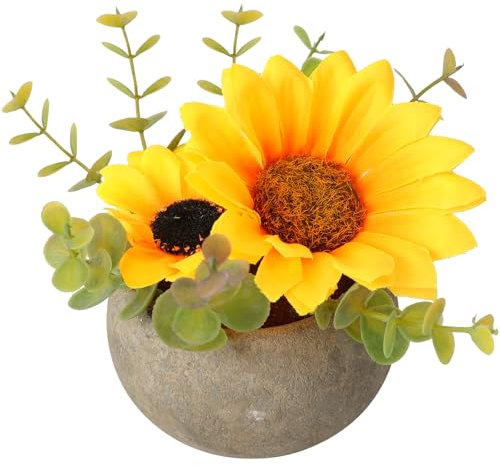 JUSTOYOU künstliche Blume Sonnenblume mit Topf, Kombination von gefälschten Seide Sonnenblumen und Grün, kleine künstliche Pflanze Topf für Schlafzimmer, Party, Hochzeit, Dekorationen (1, Sonnenblume)