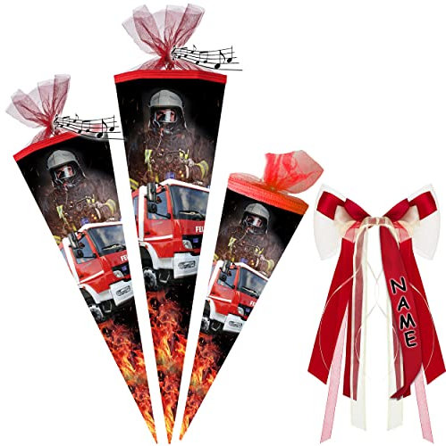 alles-meine.de GmbH Schultüte mit Sound & Geräusch Effekt + Glitzer ! Feuerwehr & Feuerwehrmann 35-85 cm Größe wählbar inkl. Name + Verschluß-Schleife - Zuckertüte - ..