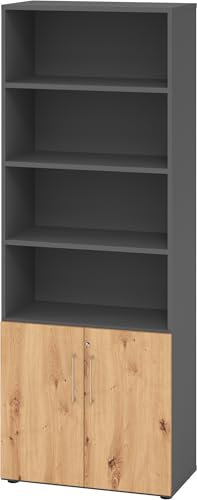 bümö Aktenregal & Schrank abschließbar, Büroschrank Regal Kombination Holz 80cm breit in Graphit/Asteiche - abschließbarer Schrank für's Büro & Arbeitszimmer, Büro Möbel Ordnerschrank
