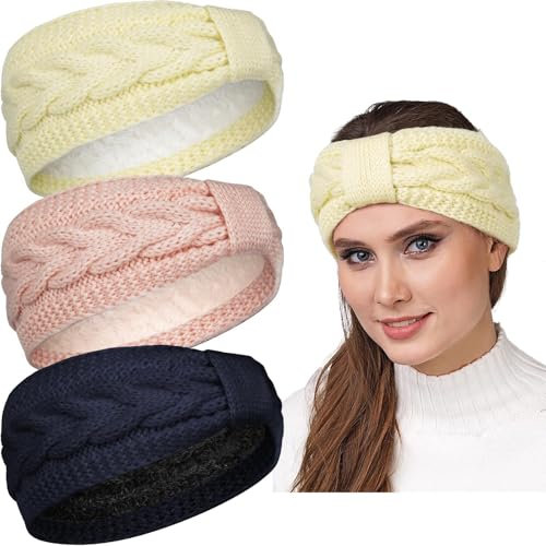 PROPOG Winter Headbands for Women's Hair, 3 Pack Chunky Ear Warmer Knitted Headband Women Crochet Braided Ear Muffs Fleece Lined Elastic Wide Head Bands Head Wraps for Sport, Daily Wear