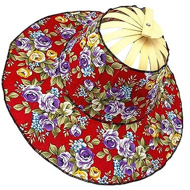 LOVIVER 2 in 1 Sunhat Foldable Bamboo Hand Fan Women Folding Fan Hat Fashion Breathable Compact Wide Brim for Daily Camping Picnic Travel Cool Gifts, red flower