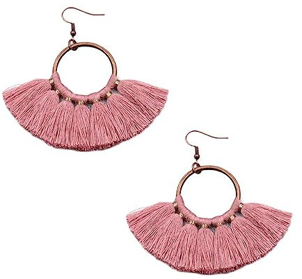 Nilioyul 1 Paar böhmische Statement Ohrringe mit Quasten im Vintage Stil, fächerförmige, handgefertigte Mode Accessoire Ohrringe, Rosa