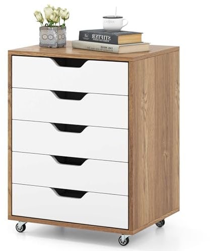 COSTWAY Caisson Bureau 5 Tiroirs, Caisson de Rangement à Roulette avec Poignée, Caisson Rangement pour A4, Lettre, 2 Roues avec Frein, 49 x 40 x 65 cm, Blanc Naturel