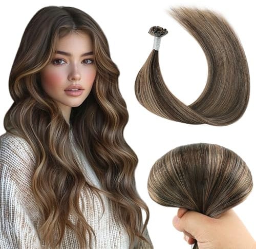Yuniffe U Tip Hair Extensions Real Human Hair Extensions U Tip Hot Fusion Hair Extensions Remy Straight Nail Tip Keratin Real Hair Extensions Chocolate Brown to Caramel Blonde 18 inch 50g/50s
