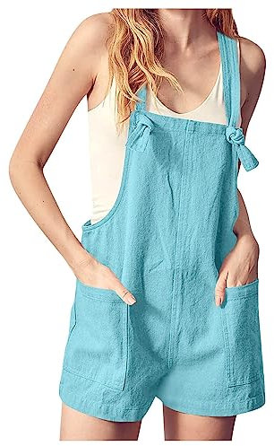 𝐒ommer Jumpsuits Damen-Overall, lässig, locker, ärmellos, verstellbare Träger, Strampler mit Taschen Jumpsuit Damen Weit (Sky Blue, L)