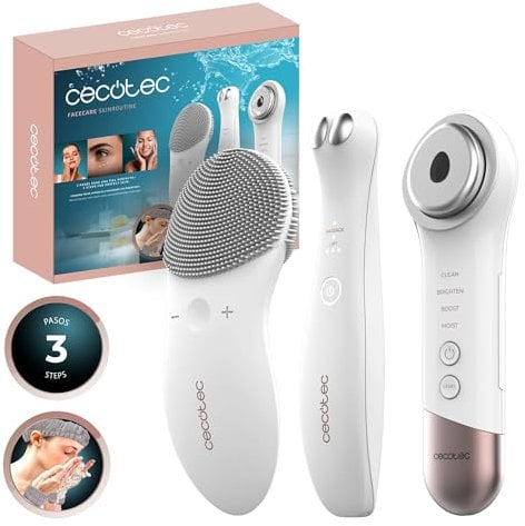 Cecotec Limpiador Facial Masajeador Fototerapia Facecare Skinroutine. Skin Care: Limpiador, Dispositivo Antiojeras y Masajeador, Potencia Elasticidad de La Piel, Incluye Diadema y Muñequeras
