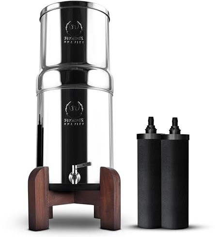 Système de filtration d'eau en acier inoxydable AISI 304 certifié NSF Phoenix Gravity de 6 litres avec 2 cartouches de charbon (noir), robinet en acier inoxydable gratuit et support en bois de teck