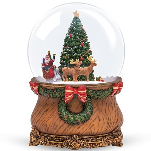Weihnachtsmann Schlitten und Rentier Weihnachtsbaum Schneekugel Glitzer Schneeflocken Festliche Dekoration für Familie Freunde spielt Jingle Bells Melodie