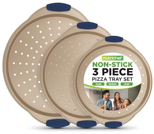 Nutrichef 3-teiliges Pizzablech Set Antihaftbeschichtet, gelochtes Backblech Rund mit Silikongriffen, Pizzableche Spülmaschinengeeignet, für Pizza, Flammkuchen & Co, Backset PFOA-, PFOS- & PTFE-frei