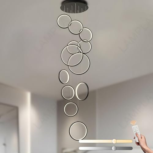 LAMPLAY LED-Kronleuchter Für Lange Treppen, Hoher Decke Mit 12 Schwarzen Ringen Lampe, DIY-Höhenverstellbare Pendelleuchte Für Den Eingangsbereich, Dimmbar Mit Fernbedienung 3000K-6000K