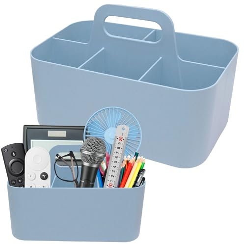 HVIHWI Korb Organizer mit Griff, Mehrzweck Kunststoffkorb mit 5 Fächer, Stapelbarer Reinigungskorb Tragbarer Bastelkorb Schreibtischkorb für Kunst, Make-up, Bürobedarf, 24×15×11.2cm (Blau)