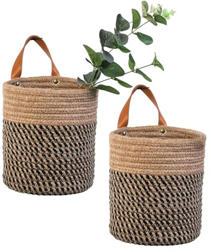 Kleine Hängekörbe, Baumwollseil, Wandkorb mit Griff, Hängekorb, Regalkörbe, Aufbewahrungskorb, Schrank-Organizer – 16 x 17,8 cm, gewebter Pflanzkorb (Jute-Schwarz)