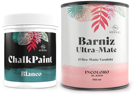 Meraki CHALK PAINT Pintura efecto tiza al agua mate (500ML) (BLANCO + BARNIZ ULTRAMATE)