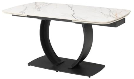 Vente-unique-Esstisch ausziehbar - 6 bis 10 Personen - Keramik & schwarzes Metall - Marmor-Optik Weiß - OLIFIA von Maison Céphy