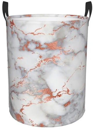 WKSGDSG Round Laundry Basket, Waterproof Oxford Fabric Storage Bin For Clothes Toys Books, Rose Gold Marble Laundry Hamper With Handles & Pe Support Rim, Collapsible Basket For Home, Bathroom