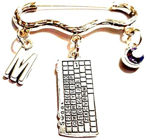 Royal Swan Antique Silver, Personalised Computer Keyboard Brooch with Initial & Birthstone in a Velvet Gift Bag. IT Pin/Badge.