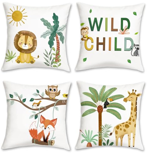 COZZSNUGE Kinder Tiere Kissenbezüge 45 x 45 cm, Löwe Fuchs Giraffe Wildfang Samtig Dekorative Kissenhülle Zierkissenbezüge für Sofa Wohnzimmer Kinderzimmer Zuhause 4er Set