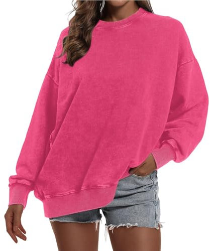 Vintage Basic Sweatshirt Damen Langarm-Einfarbig Retro Pullover Frauen Herbst Rundhals-Schwarze Pulli Acid Wash Baumwolle mit Taschen Warme Sweater Sweatshirts Teenager Mädchen Streetwear