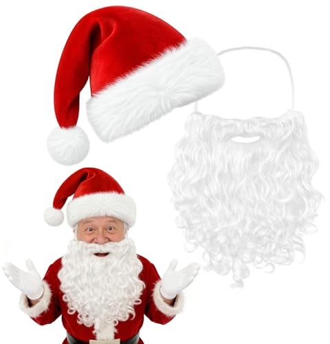 CJAPGJW 2-teiliges Weihnachtsmann Kostüm Set, Weihnachtsmütze und Bart, für Weihnachtsfeiern und Kostümveranstaltungen, passend für Erwachsene