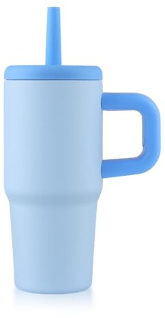 wedrink 14oz Stainless Steel Travel Mug with Handle & Silicone Straw, Double-Wall Insulated Coffee Cup for Home Office Camping, Leak-Proof Lid Included (Blue)