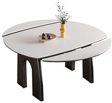 Couchtisch Faltbarer Esstisch aus Massivholz mit Stühlen, Tischplatte Stein, Nussbaum Farbe, versenkbarer runder Tisch