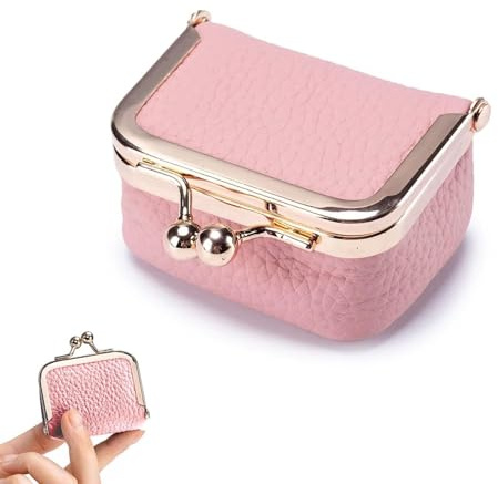 SHOFUL Mini Schmuckschatulle aus echtem Leder, tragbar, Münzgeldbörse, Schmucketui mit Kussschloss, Mini Reise Ring Box für Damen für Ohrringe, Ringe, Halsketten, Armbänder (Rosa)