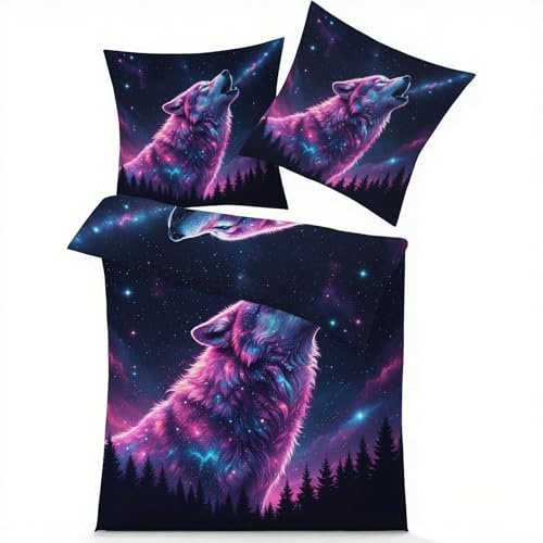 GEDAEUBA Wolf Bettwäsche 155x220 - Wölfe Tiere Bettbezug, Wendebettwäsche und Kissenbezug 80x80, Weiche & Angenehme Mikrofaser Bettwäsche-Sets mit Reißverschluss