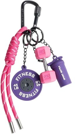 Tastetreasure Portachiavi fitness rosa e viola, ciondolo per borsa da palestra con mini manubrio, disco e shaker, portachiavi in corda intrecciata, regalo motivazionale per donna