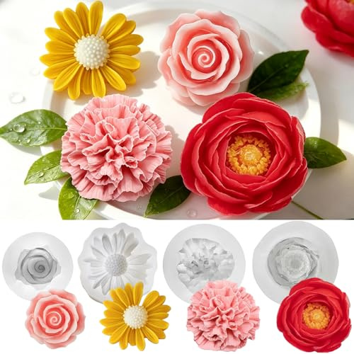 4 Stück Pfingstrose Blume Kerzenform Silikon,Silikonform Blumen,Blumen Kerzenform Silikon,Rosen Nelke Chrysantheme Pfingstrose 3D Silikonformen,für DIY Handgefertigten Dekoration