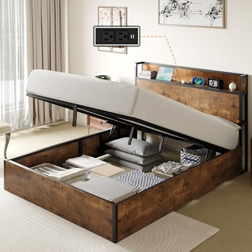 Lit Coffre 160 x 200 cm, Sommier Relevable Hydraulique Grand Espace de Rangement, Tête de Lit avec Prises USB et Double Prises, Cadre de Lit Double en Bois Industriel, Montage Facile, Marron Foncé
