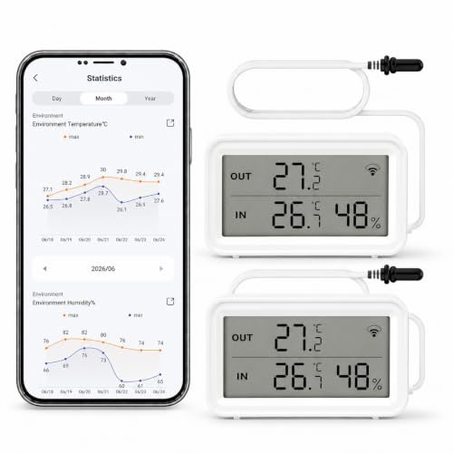 Thermomètre Hygromètre WiFi avec Sonde, Capteur Intelligent avec Alerte App | Capteur de Température et Humidité, Écran LCD, Stockage de Données, Idéal pour Frigo Réfrigérateur Aquarium Serre, Lot de 2