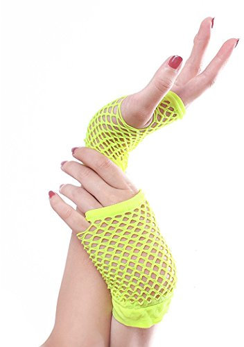 Panja Short Net Gants Résilles Mitaines Courte Extensible (Blanc, Noir, Rouge, Vert, Violet, Jaune, Bleu, Orange, Rose) (Jaune Fluo)