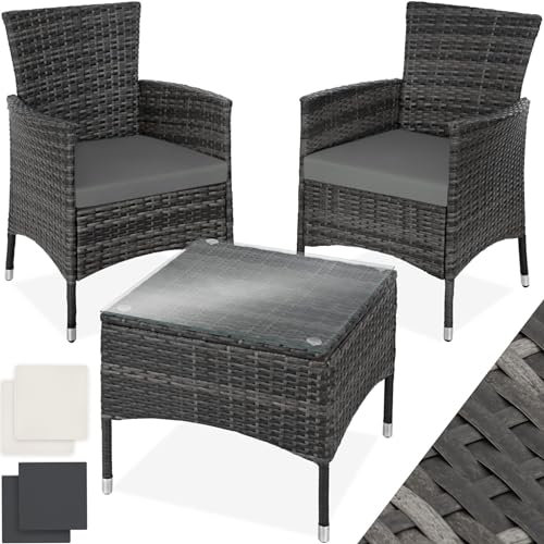 TecTake® Conjunto Jardín Exterior de Ratán y Acero para 2 Personas, Muebles Jardín Exterior Resistentes a Intemperie, 2 Sillones y 1 Mesa Cristal, Fácil Montaje y Limpieza, Incl. 4 Fundas - Gris