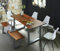 SAM 6 TLG. Essgruppe Esra, Baumkantentisch 200x100 cm & -Bank 200x40 cm, Akazie-Holz Cognacfarben, Gestell Silber, 4X Schalenstuhl Lerche weiß