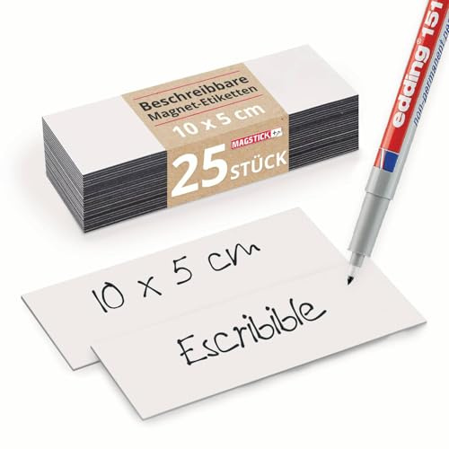 Magstick 25 Stück Magnet-Etiketten 10 x 5 cm zum Beschriften - mag068 | Rückseite magnetisch, Größe 100 x 50 mm, Stärke 0,85 mm, Kein Haftgrund für Magnete, NICHT als Haftmagnet gedacht