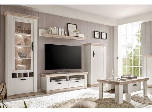 Lomadox Landhaus Wohnzimmer TV Media Wohnwand Set inkl. Couchtisch, Pinie weiß und Oslo Nb., inkl. Beleuchtung