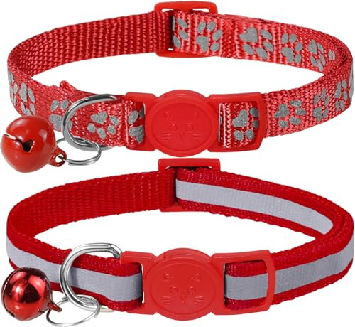Taglory Reflektierend Katzenhalsband mit Sicherheitsverschluss und Glöckchen, 2-Stück Verstellbar Halsband Katze Kitten, 19-32cm Rot