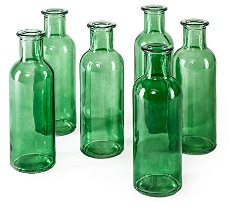 Serene Spaces Living Set of 6 Large Green Bud Vases, Apothecary Jars, Decorative Glass Bottles, Centerpiece for Wedding Reception, Antique Decoration, Flower Vases, Measures 6.5 Tall & 2 Diameter