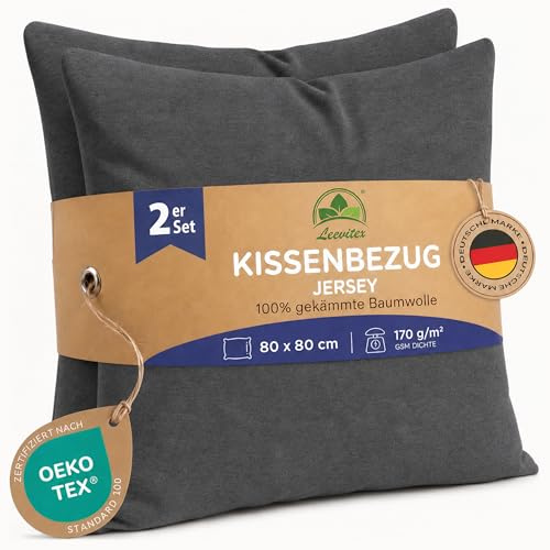 leevitex Kissenbezug 80x80cm - 2er Set - 100% Baumwolle Jersey - Anthrazit | Öko-Tex Zertifiziert · Kopfkissenbezug für Kissen 80x80 cm · Kissenhülle 80x80 · verdeckter Reißverschluss · 170 g/m²