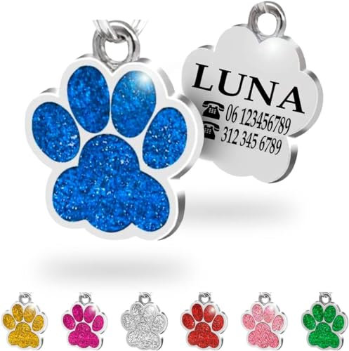 Ibera gifts - Medaglietta Cane Personalizzata, Targhetta Cane con Incisione, Forma di Zampa in Lega Metallica, per Cani e Gatti di Taglia Piccola e Media, Medaglietta Gatto Personalizzata (Blu)