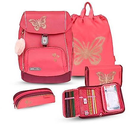Belmil Premium Comfy Plus ergonomisches Schulranzen Set 5 - teilig, für kleine Kinder/Erstklässler - STAEDTLER, Brustgurt, Hüftgurt, Magnetverschluss (405-73/P/S) (Coral)