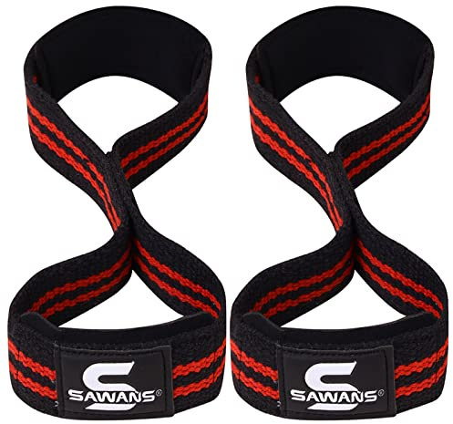 Cinghie di sollevamento imbottite Figura 8 cinghie da polso Pesanti Heavy Duty Doppio Loop Bodybuilding Formazione Palestra Cinghie di mano Bar antiscivolo Deadlift Supporto forti polsini (nero/rosso)