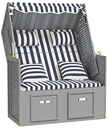 vidaXL Strandkorb mit Kissen Gartenliege Volllieger Sonnenliege Sonneninsel Strandliege Zweisitzer Liege Strand Poly Rattan Massivholz Blau Weiß