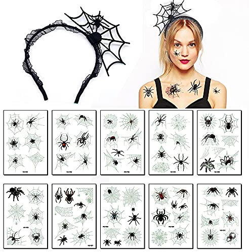 Spinne Temporäre Tätowierung,10 Stück Halloween Spinnen Spinnenweben Tätowierungen Spinnennetze Gesicht Tattoos Aufkleber mit Spider Ghost Hair Hoop Cosplay Teufel Stirnband für Halloween Party