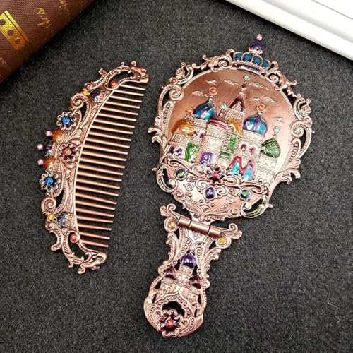 BYVUTE Handspiegel-Set, Vintage-Make-up-Spiegel und Kamm, antikes Prinzessinnenschloss, Kosmetikspiegel, dekorativ, geprägte Haarbürste, Geschenk für Frauen und Mädchen (Schloss 2)