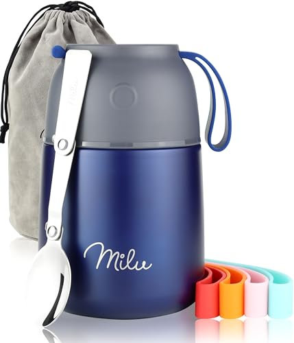 Milu Termo para Comida 300ml 440m, 450ml 650ml 800ml Taza Aislada Botella de Acero Inoxidable Aislada para Alimentos Beber y sopa de los niños de adultos A prueba de fugas Térmico (450ml/Blu marino)