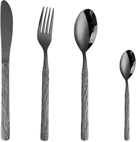 CAOPAOTI Set di Posate Nere Opache 24 Pezzi, Posate in Acciaio Inox per 6 Persone, con Coltelli Forchetta e Cucchiaio, Design Unico, Lavabile in Lavastoviglie